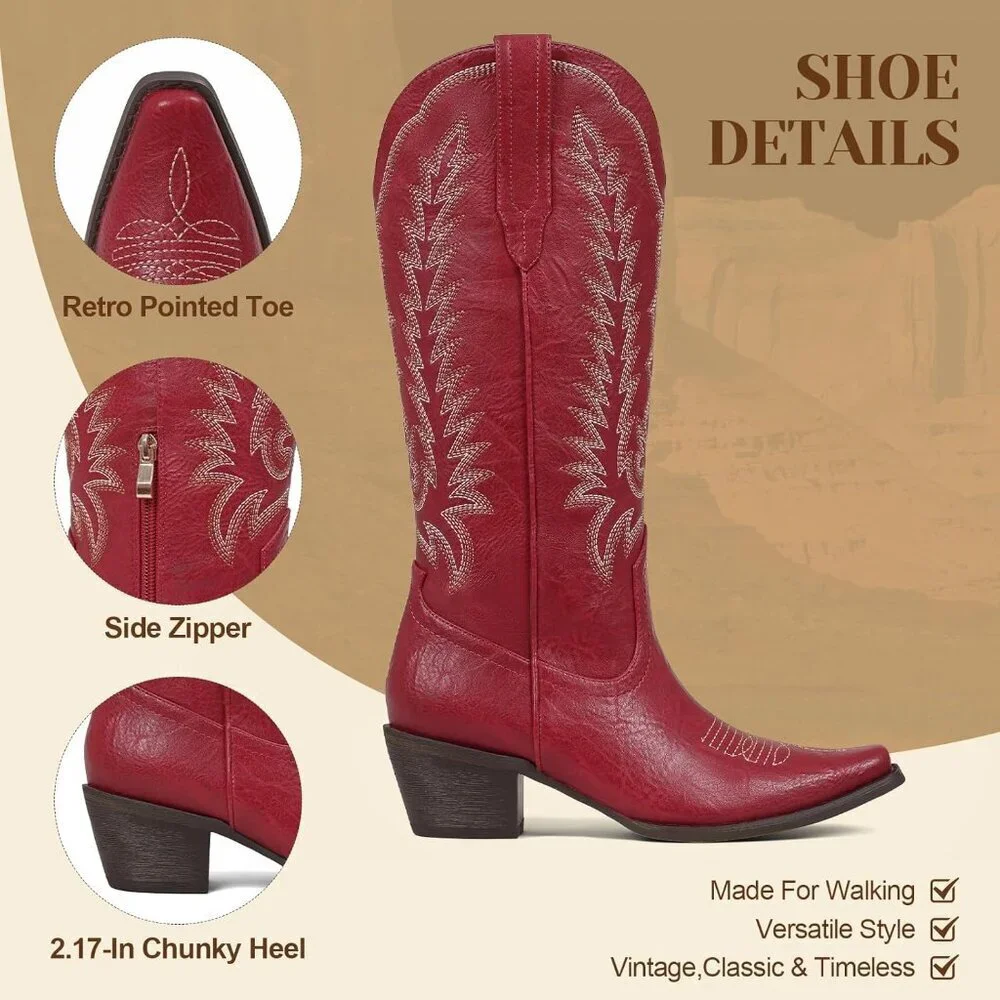 Women's Red Zipper Western Knee High Pointed Toe Chunky Heel Cowgirl Tall Boots
